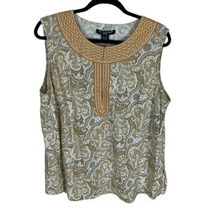 *2/$30* Saint Tropez West Gold Leaf Linen Blend Top 1X Sleeveless Embroidered